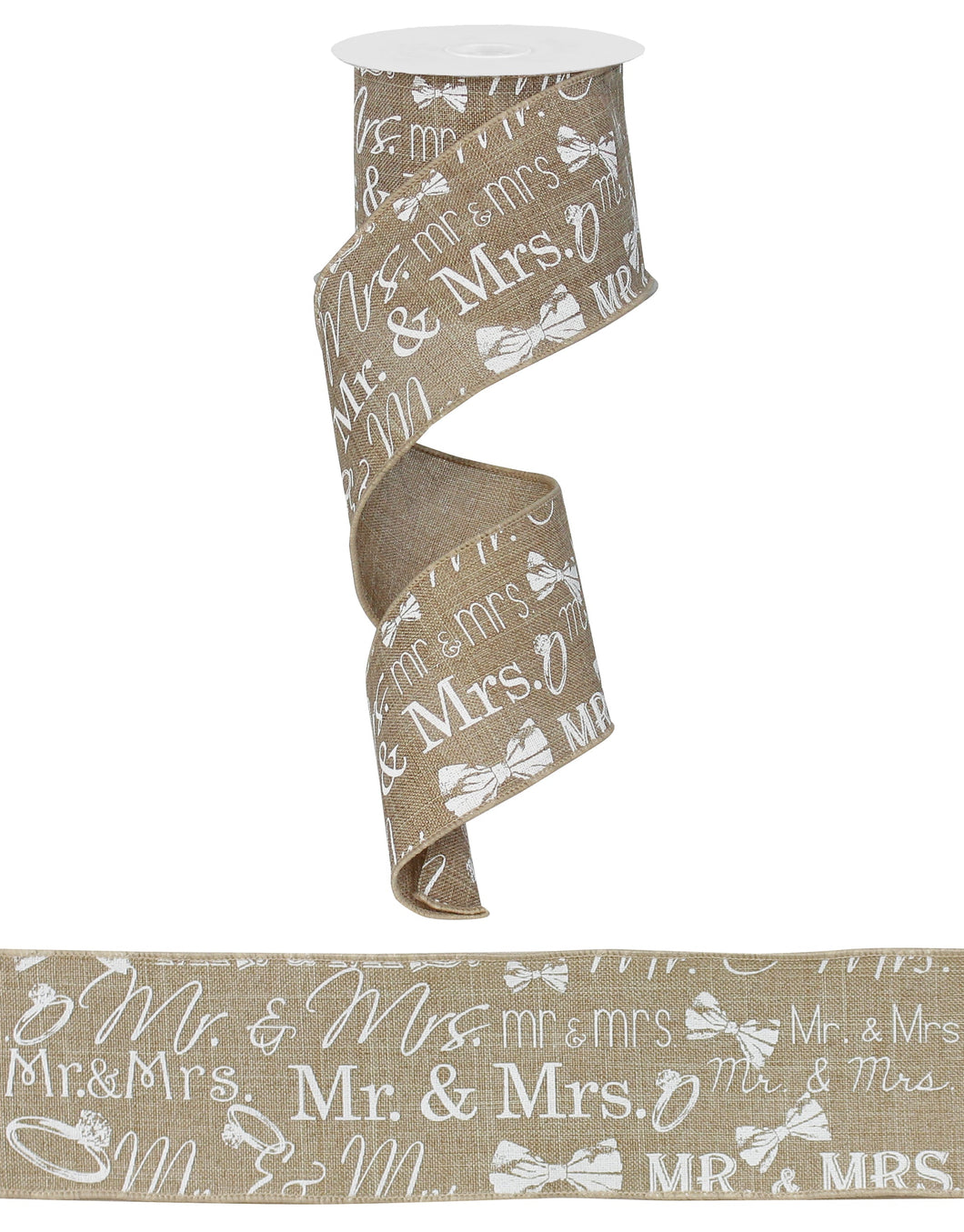 Mr. & Mrs. White Wedding Print Burlap Wired Ribbon - 2.5 Inches x 10 Yards (30 Feet)