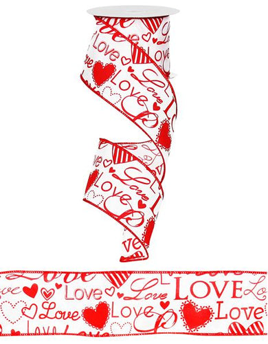 red with white hearts and words - 2.5 inches x 10 yards (30 feet)