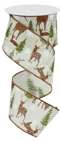 Deer with Trees Burlap Wired Ribbon : Ivory Brown Green - 2.5 Inches x 10 Yards (30 Feet)