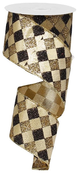 Glitter Diamond Check Wired Ribbon, Gold, Black - 2.5 inches x 10 yards (30 feet)