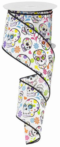 Day of the Dead Sugar Skull Halloween Ribbon : White and Black 2.5