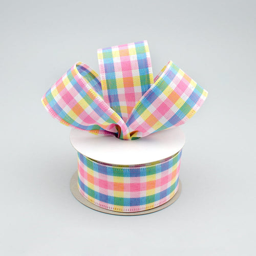 pink yellow blue plaid wired ribbon - 1.5 inches x 10 yards (30 feet)