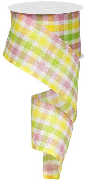 Faux Linen Check Wired Ribbon : Pink, Lime Green & Yellow - 2.5 Inches x 10 Yards (30 Feet)