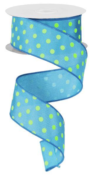 Polka Dot Wired Ribbon, Turquoise Yellow, 1.5 Inches