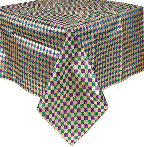 54 Inch Square Mardi Gras Polyester Table Cloth Cover, Restaurant Banquet Gold Purple Green Diamond