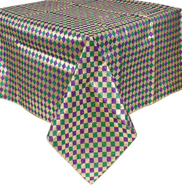 54 Inch Square Mardi Gras Polyester Table Cloth Cover, Restaurant Banquet Gold Purple Green Diamond