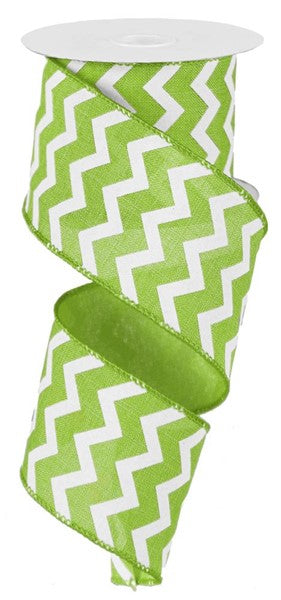 Chevron Canvas Wired Ribbon : Lime Gree White - 2.5 Inches x 50 Yards (150 Feet)