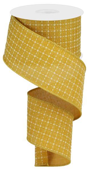 Dark Mustard Yellow White Raised Stitched Squares Wired Ribbon - 2.5 Inches x 10 Yards (30 Feet)