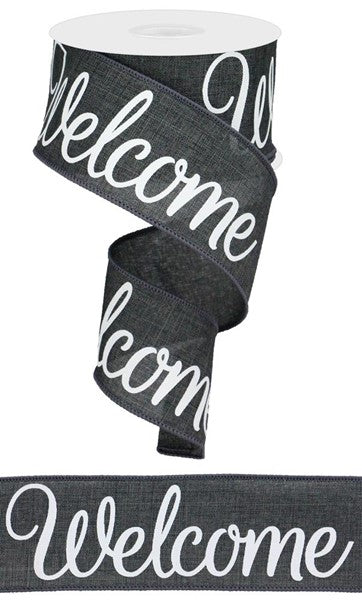 Welcome Canvas Wired Ribbon: Charcoal, White - 2.5 Inches x 10 Yards (30 Feet)