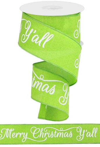 Merry Christmas Y'all Canvas Wired Ribbon - 10 Yards (Lime Green, White, 2.5 Inches)