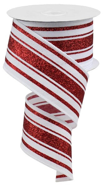 Christmas Farmhouse Red White Stripe Glitter Wired Ribbon - 10 Yards (Red, White, 2.5 Inches)