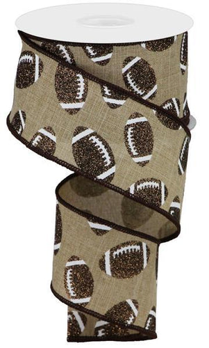 Glitter Football Wired Ribbon: Brown and White Burlap - 2.5 Inches x 10 Yards (30 Feet)