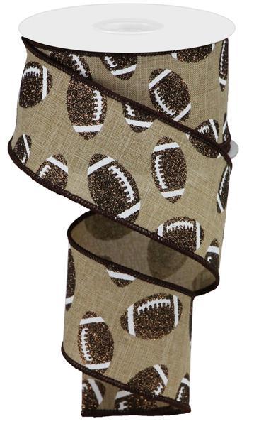 Glitter Football Wired Ribbon: Brown and White Burlap - 2.5 Inches x 10 Yards (30 Feet)