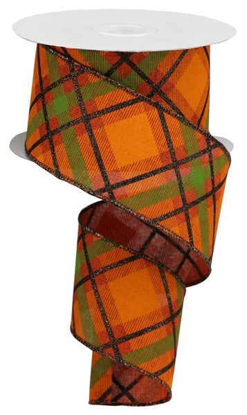 Fall Glitter Stripe Diagonal Plaid Rust, Brown, Orange, Moss Wired Ribbon: 2.5 Inches x 10 Yards (30 Feet)