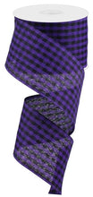 Load image into Gallery viewer, Purple and black wired gingham ribbon, perfect for fall wreaths and crafts, adding a stylish touch to home décor projects.
