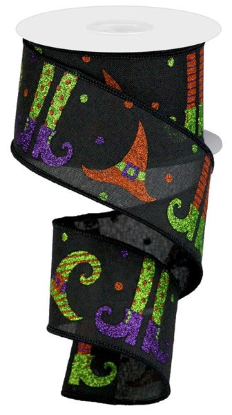 Glitter Witch Legs & Hats Wired Ribbon : Black  - 2.5 Inches x 10 Yards (30 Feet)