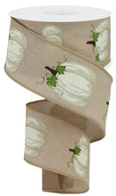 Load image into Gallery viewer, Wired fall ribbon with cream pumpkins and green vines, perfect for autumn wreaths and seasonal decorating projects.
