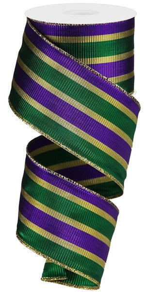 Mardi Gras Stripe Wired Ribbon : Purple, Green, Gold - 2.5 Inches x 10 Yards (30 Feet)