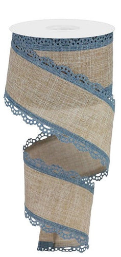 Scalloped Edge Canvas Ribbon : Faded Denim Blue, Light Beige - 2.5 Inches x 10 Yards (30 Feet)