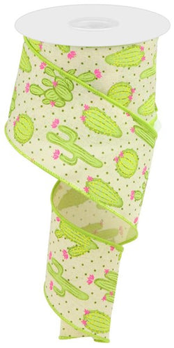 Cactus Wired Ribbon : Cream Ivory, Beige, Green, Pink - 2.5 Inches x 10 Yards (30 Feet)