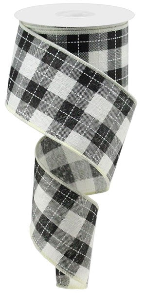 Printed Woven Check Wired Ribbon : Ivory, Black, White - 2.5 Inches x 10 Yards (30 Feet)