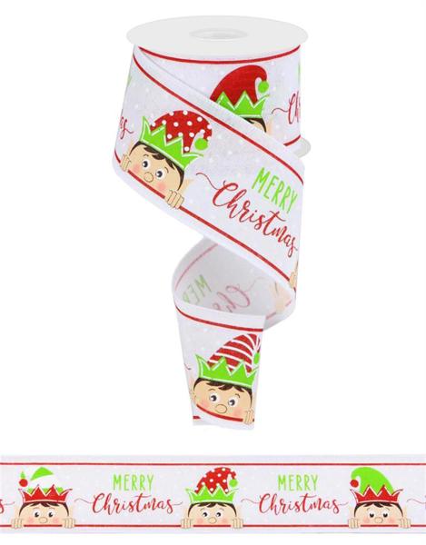 Peeking Elf Royal Ribbon : White Christmas Elf Wired Ribbon- 2.5 Inches x 10 Yards (30 Feet)