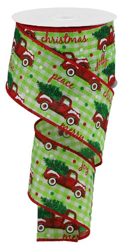 Christmas Vintage Trucks Wired Edge Ribbon - Lime Green, Red, White - 2.5 Inches x 10 Yards (30 Feet)