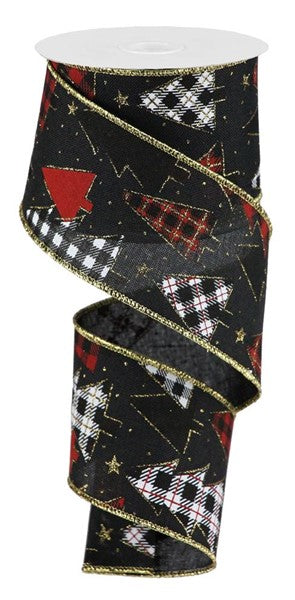 Christmas Tree Check Buffalo Plaid Canvas Wired Ribbon - 10 Yards (Red, Black, Gold, White, 2.5 Inches)