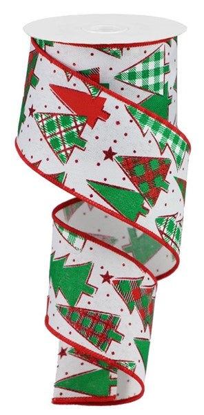 White Christmas Tree Check Buffalo Plaid Canvas Wired Ribbon - 10 Yards (Red, Emerald Green, White, 2.5 Inches)
