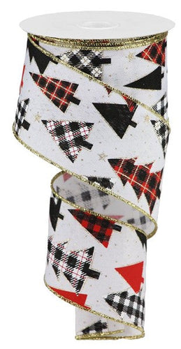 Plaid Trees Canvas Wired Ribbon : White, Red, Gold - 2.5 Inches x 10 Yards (30 Feet)