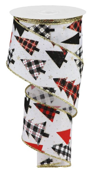Plaid Trees Canvas Wired Ribbon : White, Red, Gold - 2.5 Inches x 10 Yards (30 Feet)