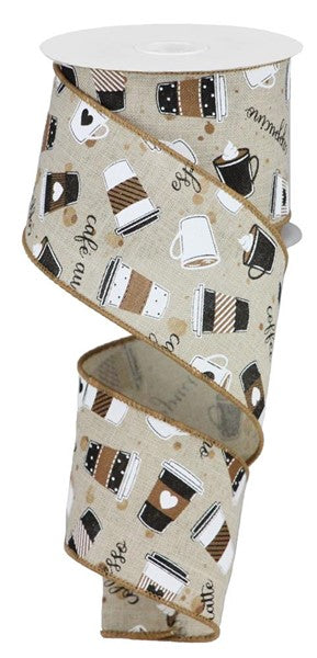 Coffee Cups Latte Wired Ribbon : Natural Beige - 2.5 Inches x 10 Yards (30 Feet)