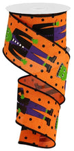 Load image into Gallery viewer, Halloween wired ribbon with spooky Frankenstein design on orange background, perfect for festive wreaths and crafts.
