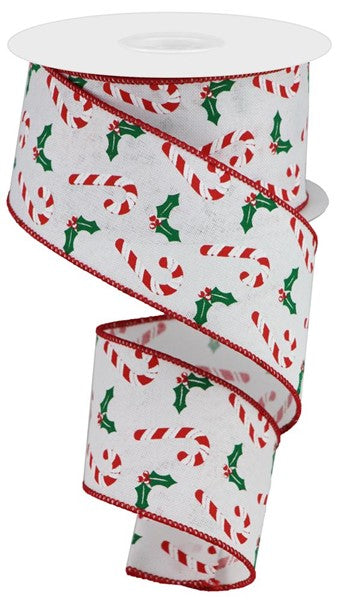 Christmas Candy Cane Canvas Wired Ribbon - 10 Yards (Red, Emerald Green, White, 2.5 Inches)