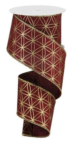 Seamless Stars on Faux Dupioni Wired Edge Ribbon (2.5 Inches, Burgundy, Gold) - 10 Yards