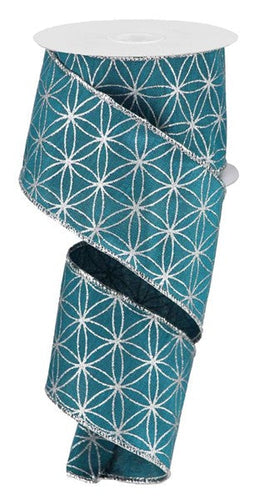 Glitter Seamless Stars On Faux Dupioni Wired Ribbon (2.5 Inches, Teal Blue Green, Silver) - 10 Yards