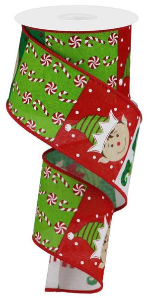 Elf Face Pattern/Faux Royal Color: Wht/Red/Lime/Emerald/Brn  - 2.5 Inches x 10 Yards (30 Feet)