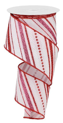Diagonal Stripe Valentine's Day Glitter Wired Ribbon (Pink, Red) 2.5 Inches x 10 Yards (30 Feet)