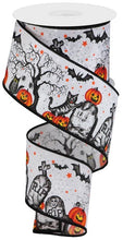 Load image into Gallery viewer, Halloween wired ribbon featuring spooky graveyards, black cats, pumpkins, and bats, perfect for festive wreaths and decorations.
