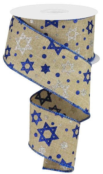 Beige Royal Blue Glitter Star of David 2.5 Inches x 10 Yards (30 Feet) wired Ribbon 