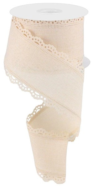 Scalloped Edge Burlap Wired Ribbon : Cream Ivory - 2.5 Inches x 10 Yards (30 Feet)