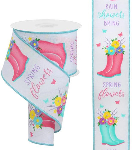 Rainboots with Flowers on Canvas Wired Ribbon : White - 2.5 Inches x 10 Yards (30 Feet)