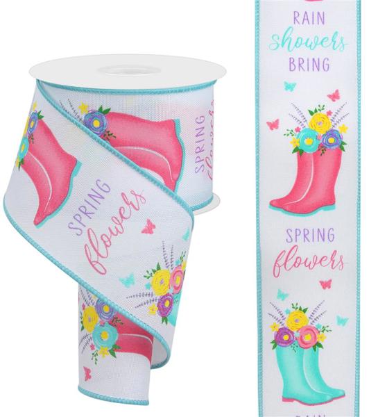 Rainboots with Flowers on Canvas Wired Ribbon : White - 2.5 Inches x 10 Yards (30 Feet)