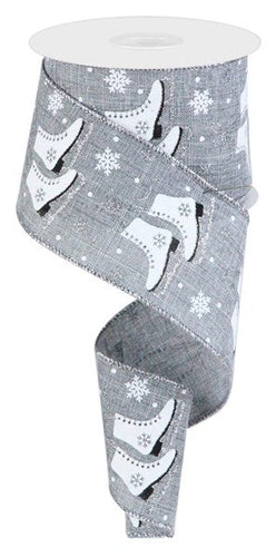 Ice Skates on Canvas Wired Ribbon : Grey  - 2.5 Inches x 10 Yards (30 Feet)