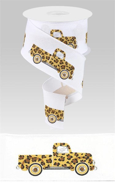 Leopard Truck on Canvas Wired Ribbon : White - 2.5 Inches x 10 Yards
