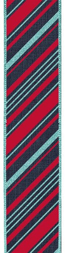 Peppermint Stripes Wired Ribbon: Navy Blue, Red, Ice Blue - 2.5 Inches x 10 Yards