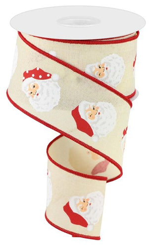 Santa Heads Wired Ribbon : Cream - 2.5 Inches x 10 Yards (30 Feet)