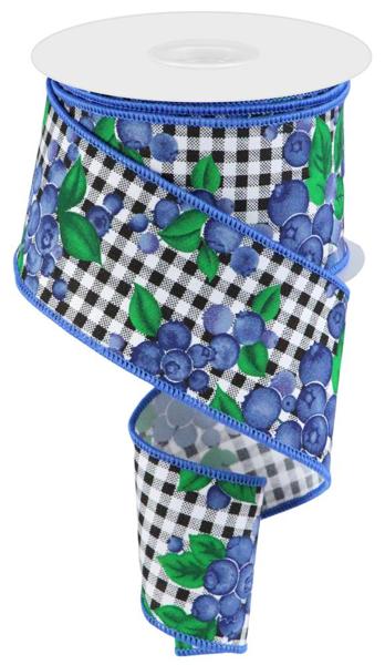 Blueberries on Check Wired Ribbon : White, Blue - 2.5 Inches x 10 Yards (30 Feet)