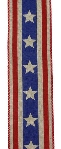 Bold Stars Stripe Farmhouse 4th of July Ribbon : Navy Blue, Red, Beige - 2.5 Inches x 10 Yards (30 Feet)