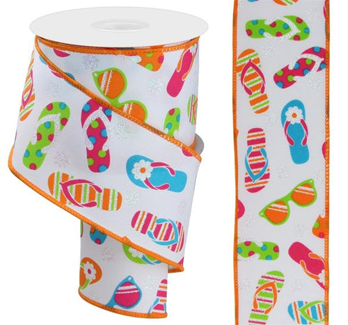 Flip Flops & Sunglasses Wired Ribbon : White, Bright Multi - 2.5 Inches x 10 Yards (30 Feet)